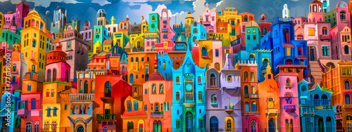 Vibrant colorful fantasy cityscape illustration