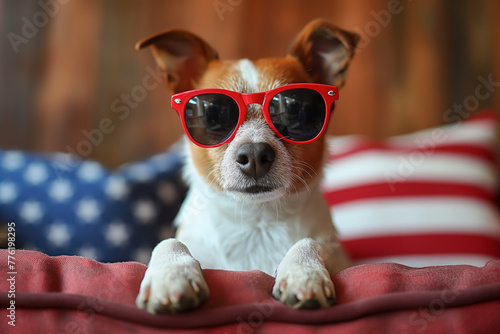 Dog in sunglasses, American flag holiday. Generative AI © Anthony Paz