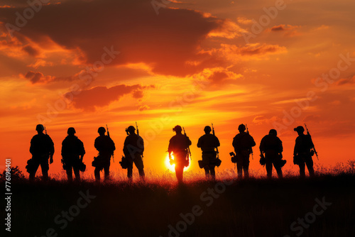 Field at sunset, soldiers silhouettes, a tribute to service and sacrifice. Generative AI