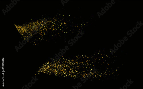 Glittering stars with golden  and silver shimmering swirls, shiny  design. Magical motion, sparkling lines on a black background.