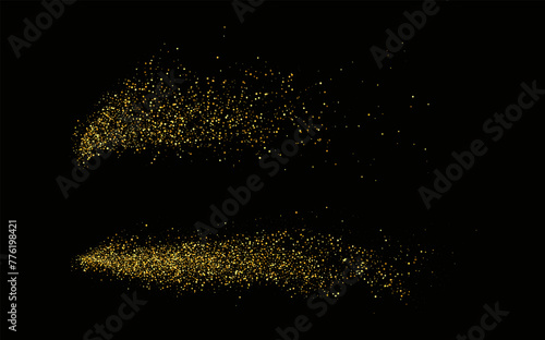 Glittering stars with golden and silver shimmering swirls, shiny design. Magical motion, sparkling lines on a black background.