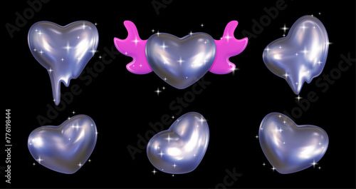 Set of 3D chrome hearts in y2k style. Balloon metal hearts from different angles, a heart with pink wings with sparkles on a dark background.Vector.