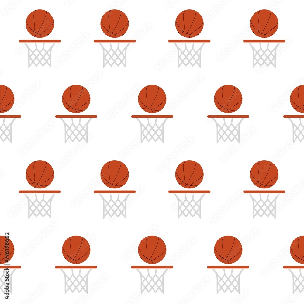 Basketball ball and basket icon isolated seamless pattern on white background