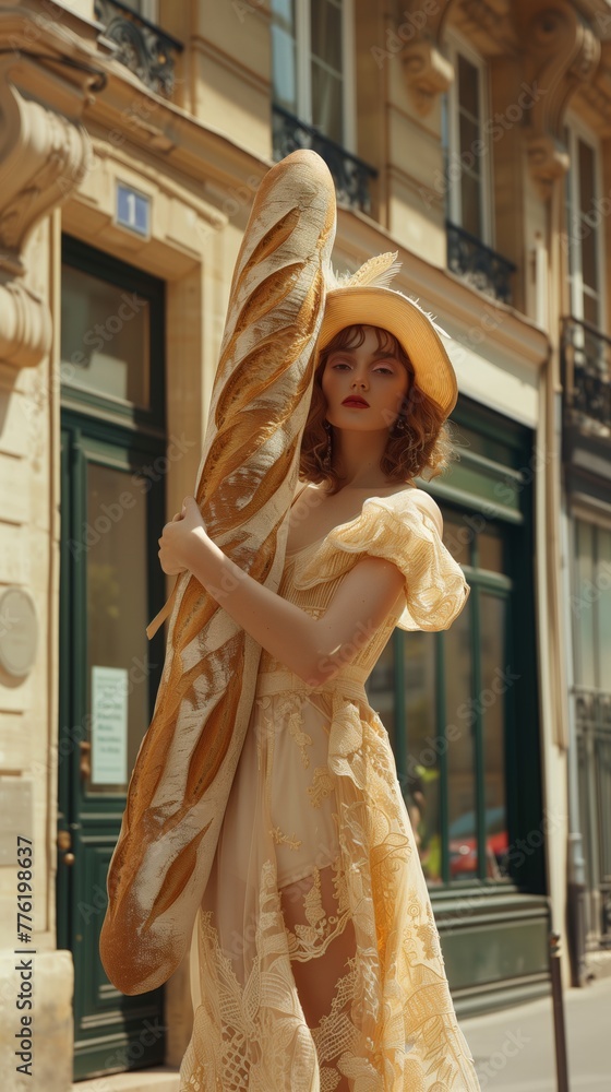 Con un vestido de encaje amarillo que evoca la alta costura parisina, una joven posa majestuosamente en la calle, fusionando la elegancia con lo cotidiano mientras sostiene una barra de pan francés.