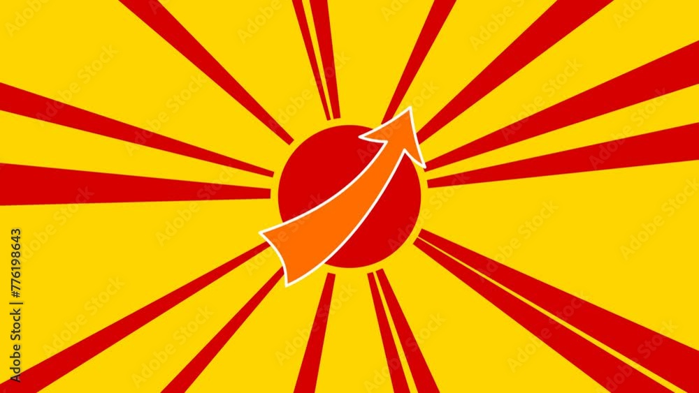 Up arrow on the background of animation from moving rays of the sun. Movement symbolizes the dawn of the sun. Large orange symbol increases slightly. Seamless looped 4k animation on yellow background Up arrow on the background of animation from moving rays of the sun. Movement symbolizes the dawn of the sun. Large orange symbol increases slightly. Seamless looped 4k animation on yellow background