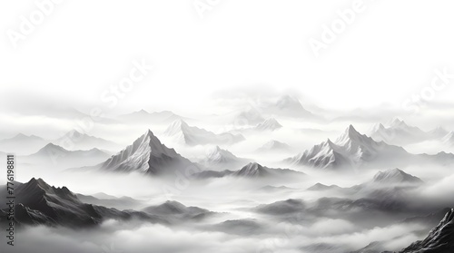Close up of mountains and clouds, Misty Skies Offer Glimpse of Towering Mountain Peaks. Generated AI