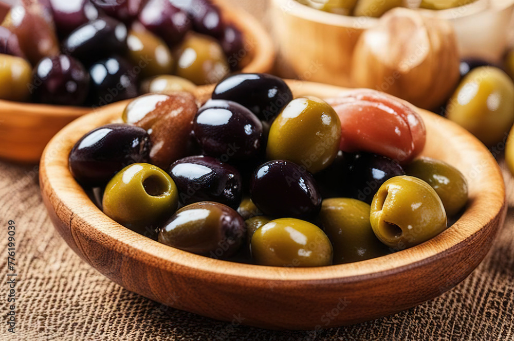 Pouring extra virgin olive oil in a glass bowl and olives Pouring extra virgin olive oil in a glass bowl and olives