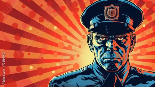 Vector illustration of close-up view of police officer. Comic book. photo