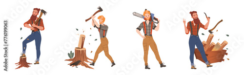 Male Lumberjack Character Chopping Wood Vector Set