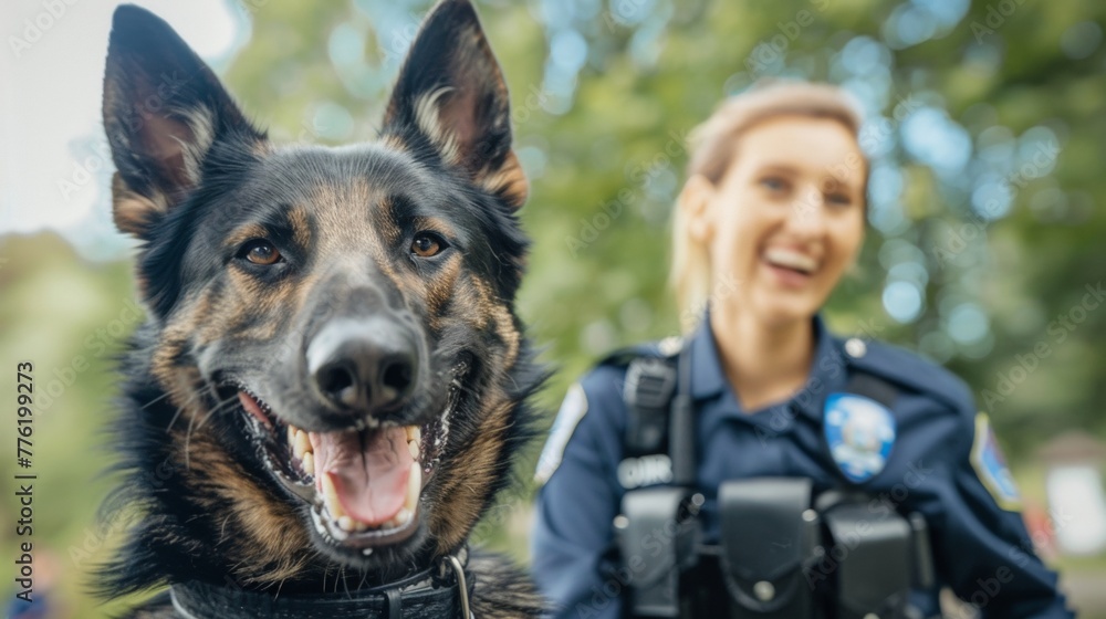 Portrait of a female police officer with police dog Portrait of a female police officer with police dog