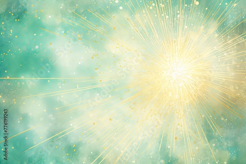 Golden sparkler bursting into brilliant ray. Soft teal, turquoise backdrop with wisps of smoke, evoking summery sensation brimming with joy, vitality, adventure, exploration.