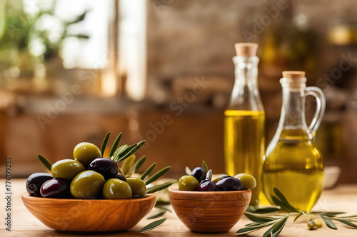 Pouring extra virgin olive oil in a glass bowl  and olives