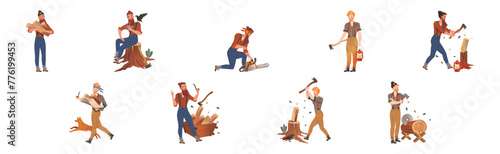 Male Lumberjack Character Chopping Wood Vector Set