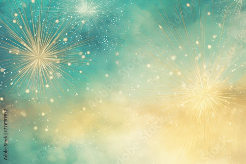 Gold sparkler exploding in golden rays on a pale teal  turquoise background of smoke  watered colors. Summer feeling full of joy  energy  vacation  exploration.