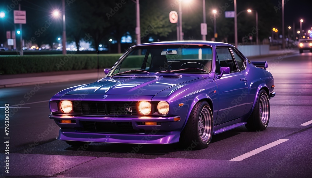 Purple classic sports car on the city street in night Purple classic sports car on the city street in night