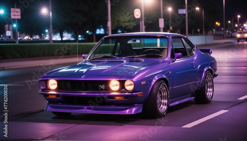 Purple classic sports car on the city street in night