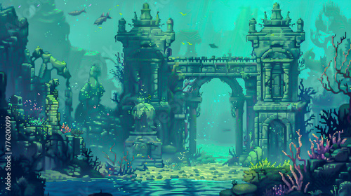 Design a pixelated 2D scene of an underwater world with elaborate architecture for a fantasy RPG game.