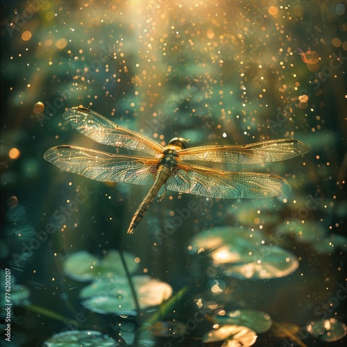 Dragonfly in Dappled Sunlight: A Dance of Translucency Above a Tranquil Pond © Sittichok