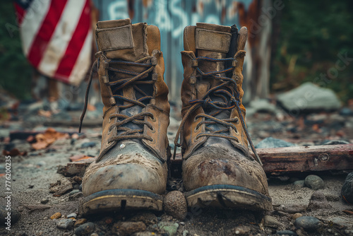 Old military combat boots. Memorial Day or Veterans day concept. Generative AI