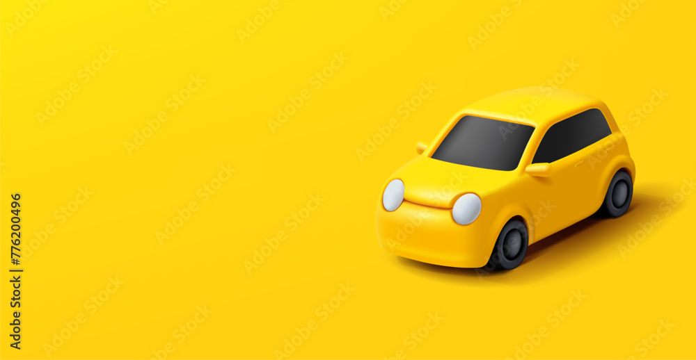 Yellow modern car, 3D. On a yellow background. For transport service, business, food delivery, lifestyle design concepts. Vector