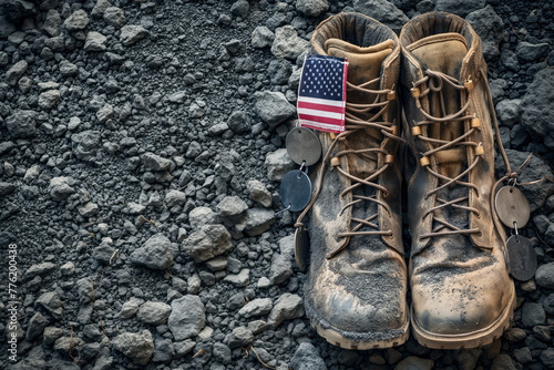 Old military combat boots with tags and a small American flag. Generative AI