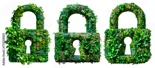 Three environmental security padlock icons, three green organic padlocks depicting a secure environment, isolated on a transparent background.