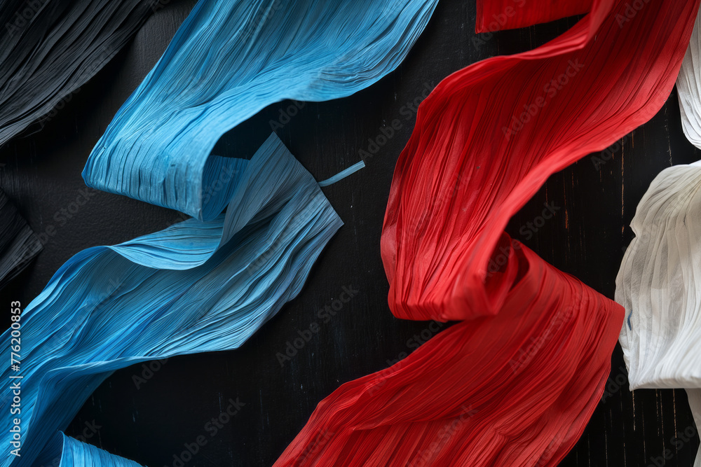 Red white and blue crepe paper on black background. Generative AI - obrazy, fototapety, plakaty 