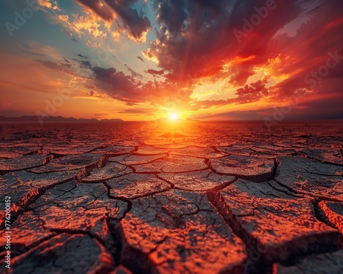 Desert cracked under a scorching sun, symbolizing severe drought, the struggle for life in extreme conditions ,Hyper realistic photography