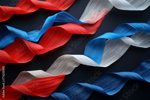 Red white and blue crepe paper on black background. Generative AI