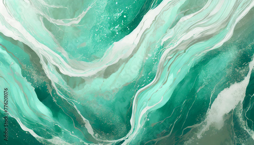 Beautiful pastel mint splashes of paint. Marble effect texture. Acrylic paining. Abstract waves.