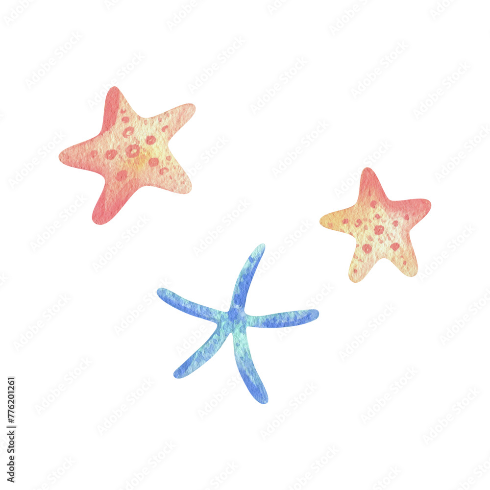 Starfish, oceanic underwater coral reef animals. Watercolor illustration, hand drawn in pastel colors: blue, turquoise, mint, pink, peach, coral. Set of elements isolated from the background.