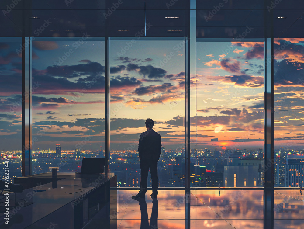 A Photo of a businessman overloaded with stress looking for balance and personal growth, in search for something beyond material success, overlooking the city horizon V2.