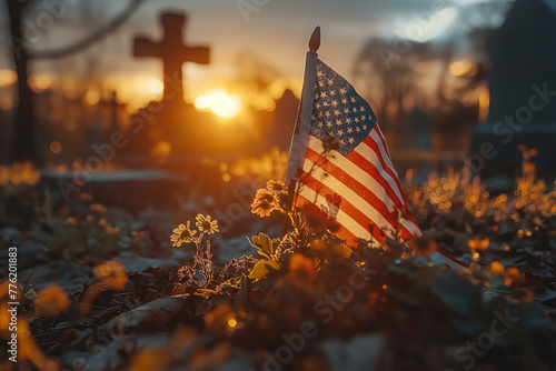 The American flag placed on the grave of a fallen soldier, a poignant tribute to their sacrifice. Memorial Day. Generative AI photo