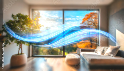 Waves of fresh clean air in the apartment. Air conditioner. Fresh scent and air filtration effect.