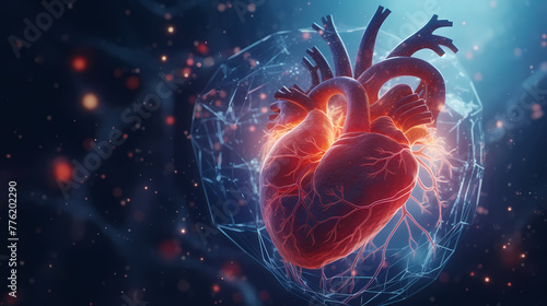 Abstract Panorama of a Glowing Human Heart Interconnected with Digital Nodes  Illustrating Cardiology on a Deep Blue Background
