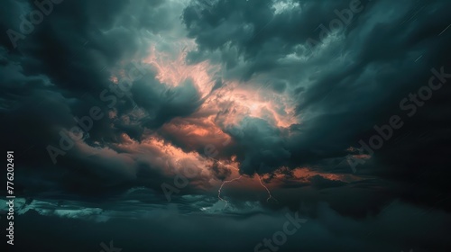 A dramatic thunderstorm rolling in over the horizon, with dark clouds swirling ominously and lightning illuminating the sky with bursts of light.