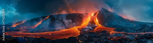 Volcanic eruption illuminating the night, lava rivers flow amidst ash clouds, a display of Earths raw power © Lightgeo