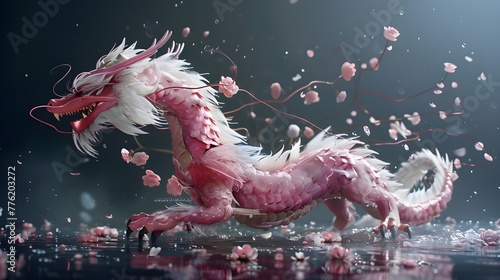 Chinese dragon with pink body, white hair and flowers on its head. © Alex