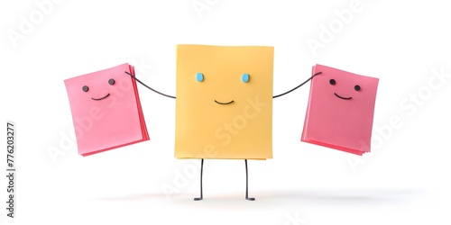 a cheerful humanized sticky note character clinging to reminders and adhesive aid on a plain white background photo