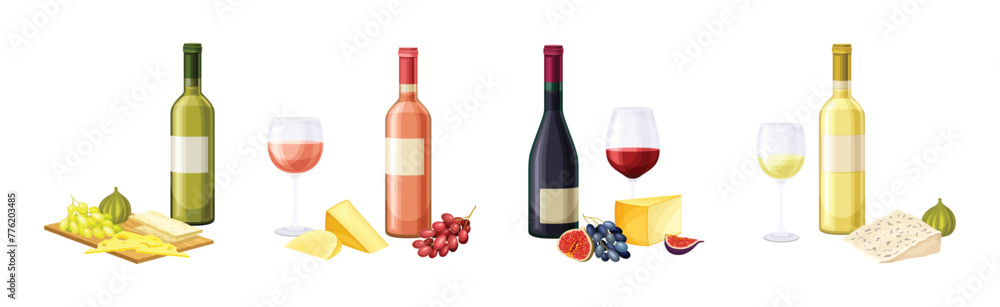 Obraz premium Wine Bottle with Glass Served with Cheese and Fruit Vector Set