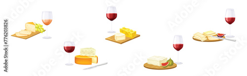Wine Glass Served with Cheese and Fruit Vector Set
