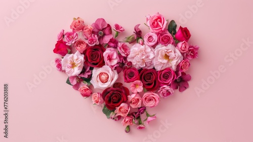 Fototapeta Naklejka Na Ścianę i Meble -  Heart shape made of rose flowers for wedding and birthday celebration pink background