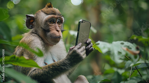 Jungle Tech: Monkey's Moment with Mobile in the Jungle , monkey watching a mobile phone [created with generative AI technology]