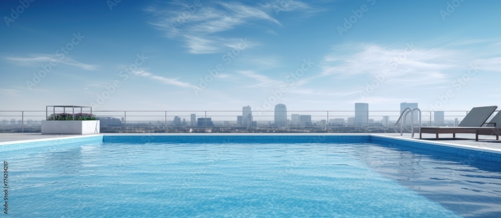 Swimming pool on top of roof deck building. AI generated