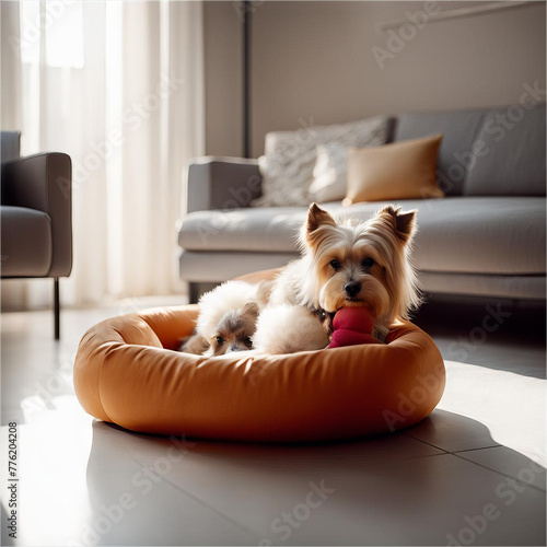 Dog in a bed and with a toy. photo