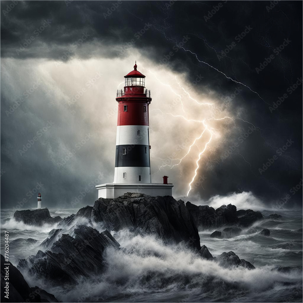 Lighthouse at night in a storm.