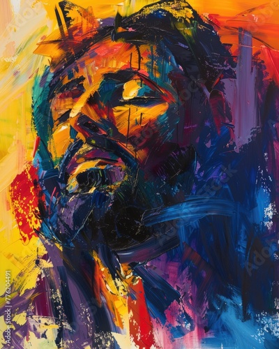 Neo-expressionist portrait of Jesus Christ, with bold, emotional strokes and vivid colors