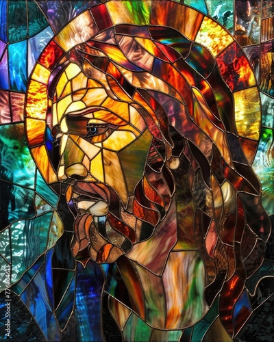 A gothic style stained glass representation of Jesus Christ with rich, deep colors