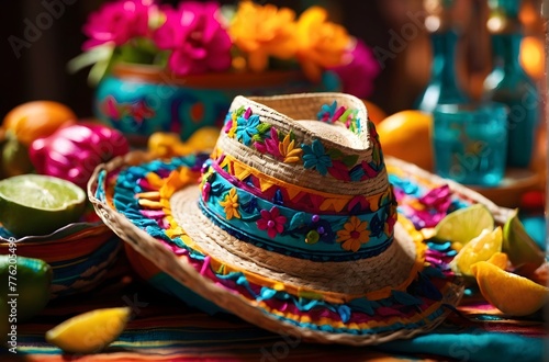 Cinco de Mayo, sombrero rests on a table next to a bowl of green limes