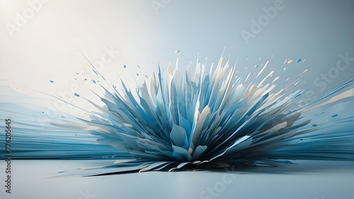 Graphic image of blue paper shapes bursting with dynamic motion and splashes